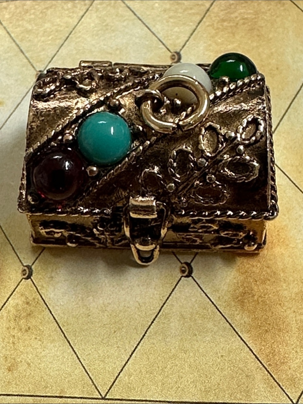 VINTAGE Avon Gold-Tone Mini Box Turquoise, Green & Red Cabochons